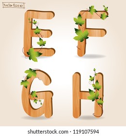 wood alphabet with branch green leaves, Vector template design ( e f g h )