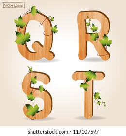 wood alphabet with branch green leaves, Vector template design ( q r s t )