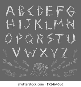 Wood alphabet made from logs. Isolated. Vector