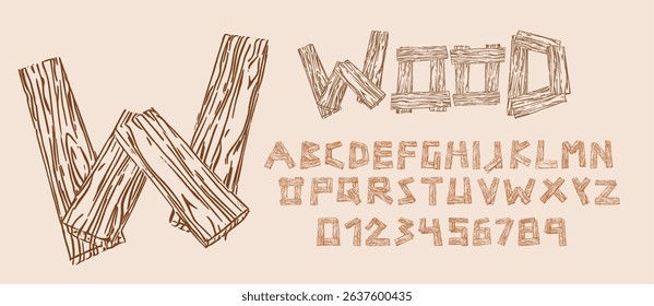 Wood Alphabet And Numbers Realistic Wood Texture Vector Set