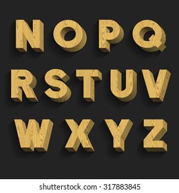 Wood Alphabet Vector Font. Part 2 of 3. Letters N - Z.
3D wooden symbols with shadow on a dark background.