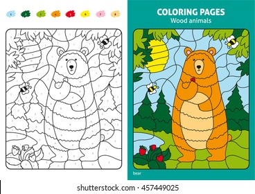 Wood animals coloring page for kids, bear in forest. Printable design coloring book. Coloring puzzle with numbers of color. Black and white draw with color example.