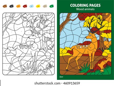 Wood animals coloring page for kids, deer in forest. Printable design coloring book. Coloring puzzle with numbers of color. Black and white draw with color example.