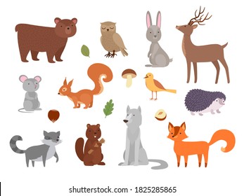 Wood animals. Cute wild characters in forest fox owl bear wolf vector animals in flat style