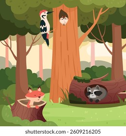Wood animals. raccoon fox and woodpecker in forest. vector cartoon background
