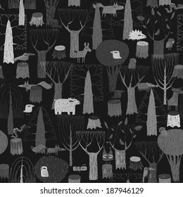 Wood Animals tapestry seamless pattern in grey is hand drawn grunge illustration of forest animals. Illustration is in eps8 vector mode, background on separate layer. 