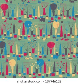 Wood Animals tapestry seamless pattern in magic colors is hand drawn grunge illustration of forest animals. Illustration is in eps8 vector mode, background on separate layer. 