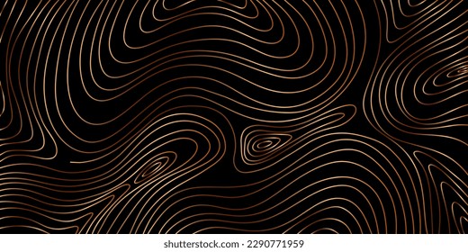 Wood annual rings texture on black background. Golden wood grain texture. Vector background with wooden fibers. Contour of wood trunk rings. Wooden concentric circles pattern. Relief lines