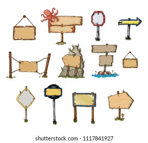 Wood arrow. Color hand drawn doodle wood signs and arrows. Wooden plates with blank text space