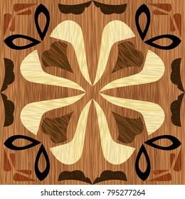 Wood art inlay tile, geometric ornament from dark and light wood in antiquarian style, vector EPS10