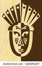 Wood art inlay tile with inverse carved face mask, tribal african motif, light and dark wood