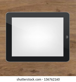 Wood Background With Black Tablet Pc With Gradient Mesh, Vector Illustration