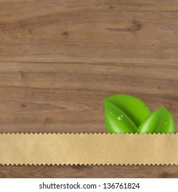 Wood Background With Green Leaves With Gradient Mesh, Vector Illustration