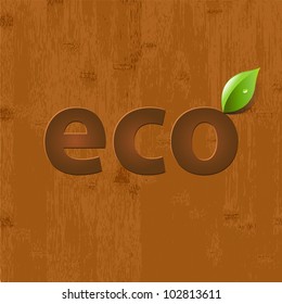 Wood Background With Green Leaves, Vector Illustration
