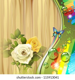Wood background with roses and drops