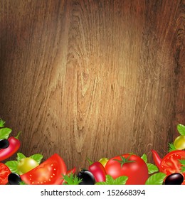 Fondo De Madera Con Verduras Con Malla Gradiente, Ilustración Vectorial