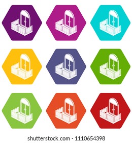 Wood balcony icons 9 set coloful isolated on white for web