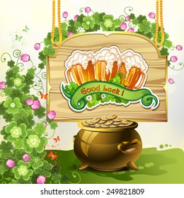 Wood banner with clover, beer and pot of coins