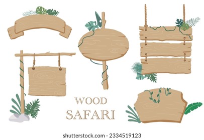 Colección de banner de madera de fondo safari.Ilustración vectorial editable para invitación de cumpleaños, postal y pegatina