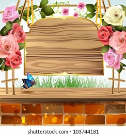 Wood banner with roses and brick wall