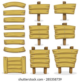 Wood Banners, Panels And Signs For Ui Game/
Illustration of a set of cartoon wooden award banners and farm ranch signs, panels and stakes, for rural or agriculture certificates, and for Ui Game