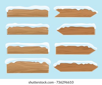 Wood banners planks covered with snow. Festive christmas vector decoration isolated. Wood board for christmas snow-capped illustration