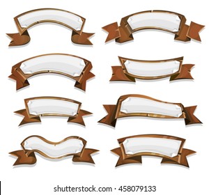 Wood Banners And Ribbons For Game Ui/
Illustration of cartoon funny spring wooden award ribbon and banners, with paper signs for agriculture, texas ranch, farm seal and certificates, or game ui