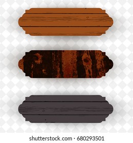 Wood banners set isolated on white, vector illustration. Realistic oak signboard panels, vintage old style.
