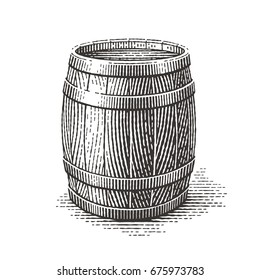 Wood Barrel. Hand Drawn Engraving Style Illustrations. 