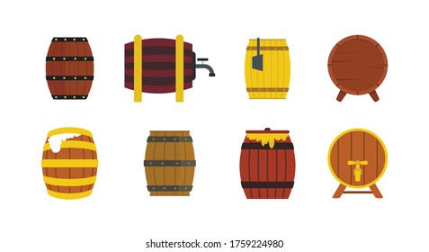 Wood barrel icon set. Flat set of wood barrel vector icons for web design isolated on white background