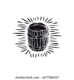 Wood barrel illustration in linocut style. Black print on white background