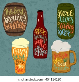 Wood barrel or keg with beer and aluminium or steel beverage can, glass bottle with condensated liquid drops and pint glassware. Lettering with detailed font on stein or mug