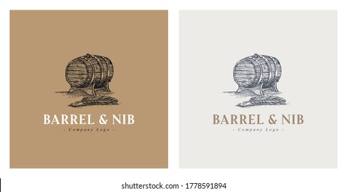 Wood barrel and quill pen hand drawn vector illustration