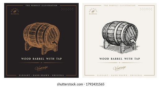 Wood barrel with tap illustration. Hand drawn vintage logo illustration