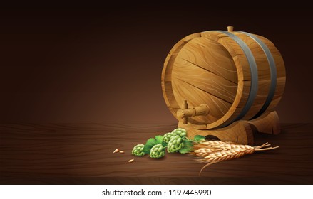 wood barrel with wheat and hops in 3d vector illustration