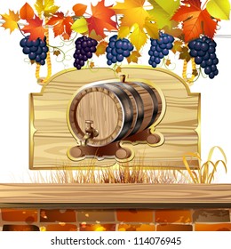 Wood barrel for wine with autumn colorful leaves and grapes