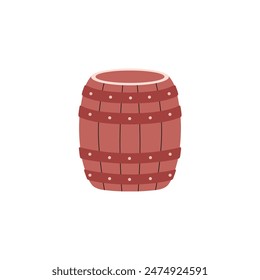 Wood barrel for wine or beer vector flat illustration. Cask from oak wood with metal rings. Cartoon keg for whiskey, rum or cognac isolated. Bar container, bottle alcohol storage