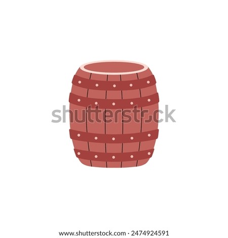 Wood barrel for wine or beer vector flat illustration. Cask from oak wood with metal rings. Cartoon keg for whiskey, rum or cognac isolated. Bar container, bottle alcohol storage