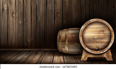 Wood barrels for wine or beer. Cask from oak wood on stand in cellar of brewery or winery. Vector realistic interior of wooden room with keg for whiskey, rum or cognac