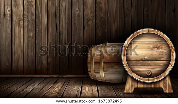 Wood Barrels For Wine Or Beer Cask From Oak Wood On Stand In Cellar Of 