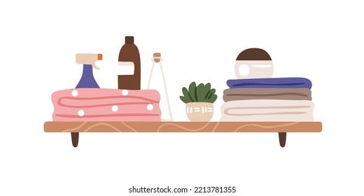 Wood bathroom shelf with towel stack, cosmetic products. Bath cosmetics, stuff, toiletries, cream jar, spray, gel bottle and potted plant. Flat vector illustration isolated on white background