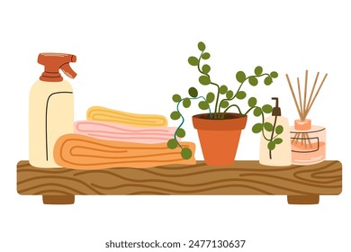 Wood bathroom shelf with towel stack, cosmetic products. Bath cosmetics, stuff, toiletries, cream jar, spray, gel bottle and potted plant. Flat vector illustration isolated on white background
