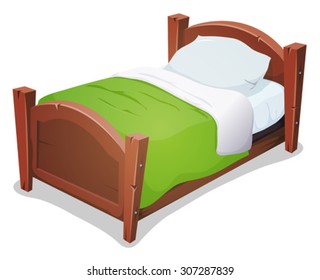 Wood Bed With Green Blanket/
Illustration of a cartoon wooden children bed for boys and girls with pillows and green blanket