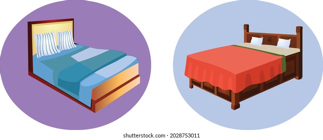 Wood Beds With Blanket, Illustration of a cartoon wooden Luxury furniture bed for boys and girls with pillows and Throw blankets