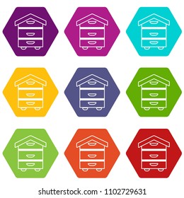 Wood beehive icons 9 set coloful isolated on white for web