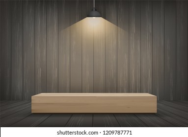 Wood bench in dark room space background. Vector illustration.