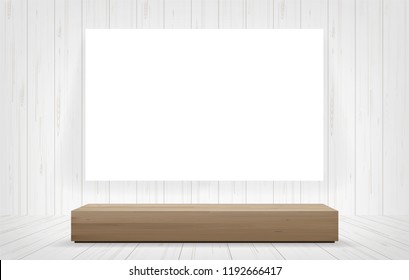 Wood bench and white canvas frame in room space background. Vector illustration.