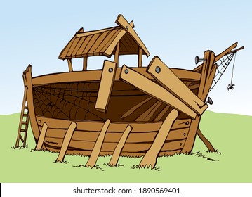 Wood big arc build home ruin view Ararat's land earth white sky text space. Vintage line art doodle comic style color hand drawn genesis holy Lord hope gospel built project picture icon design concept