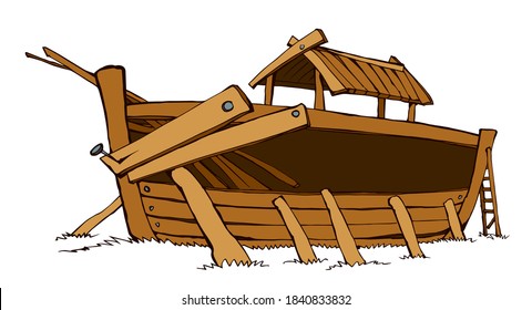 Wood big line arc build home ruin Ararat's land earth white sky text space. Vintage line art doodle comic style black hand drawn genesis holy Lord hope gospel built project picture icon design concept