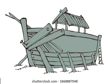 Wood big line arc build home ruin Ararat's land earth white sky text space. Vintage line art doodle comic style black hand drawn genesis holy Lord hope gospel built project picture icon design concept